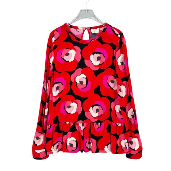 Kate Spade New York Deco Rose Orient Red Crepe Print Long Sleeve Peplum Blouse - Picture 12 of 15